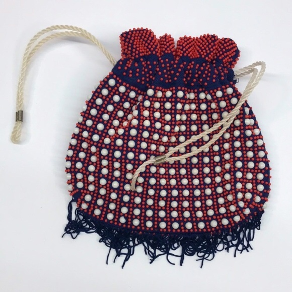 Vintage Red, White, & Navy Bead & Fringe Bag